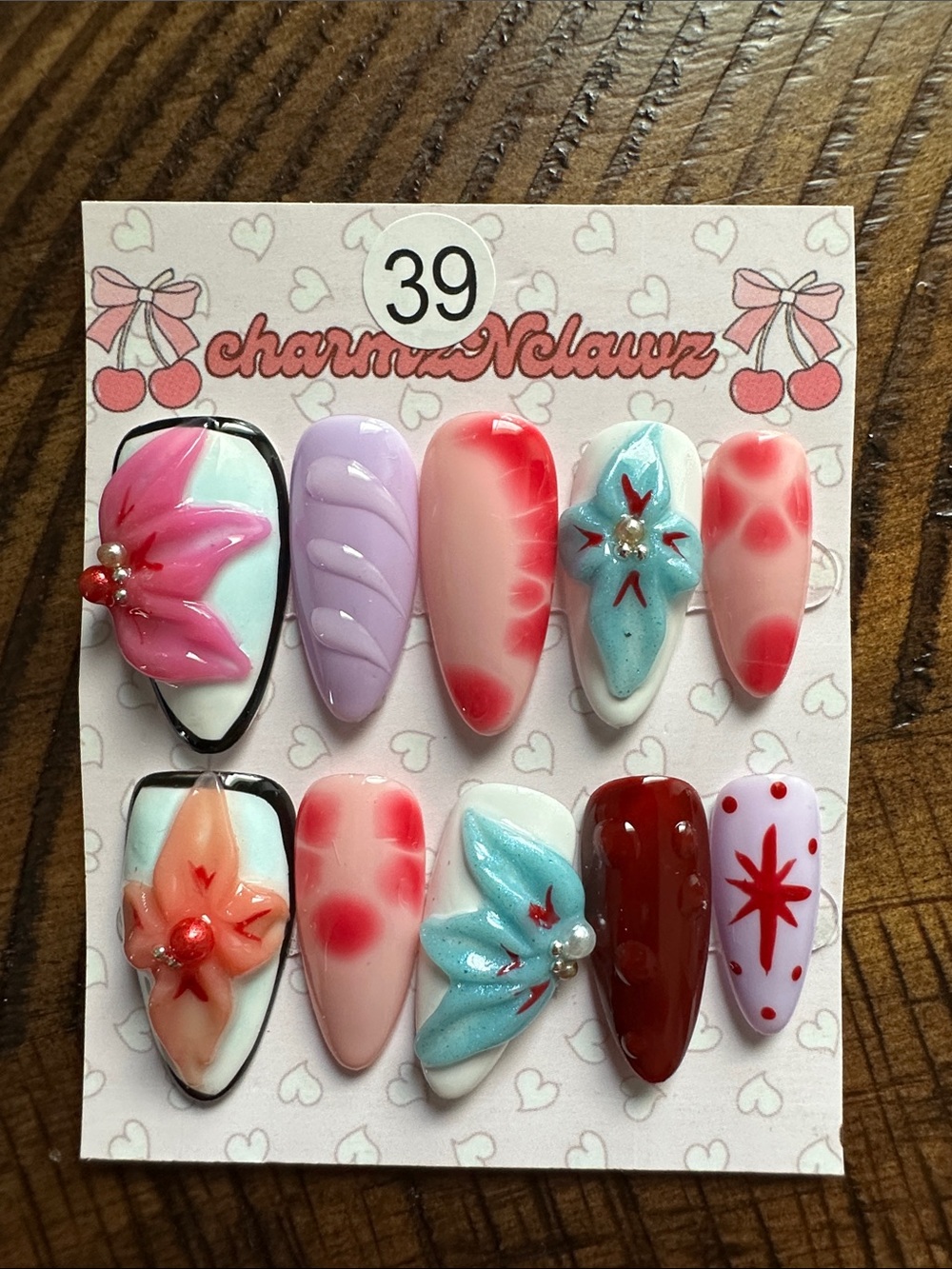 Handmade Floral & Ombre Press-On Nail Set - Pink, Coral, Lavender, Aqua